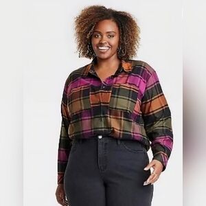 Ava + Viv Multicolor Plaid Button Front Shirt 1X
